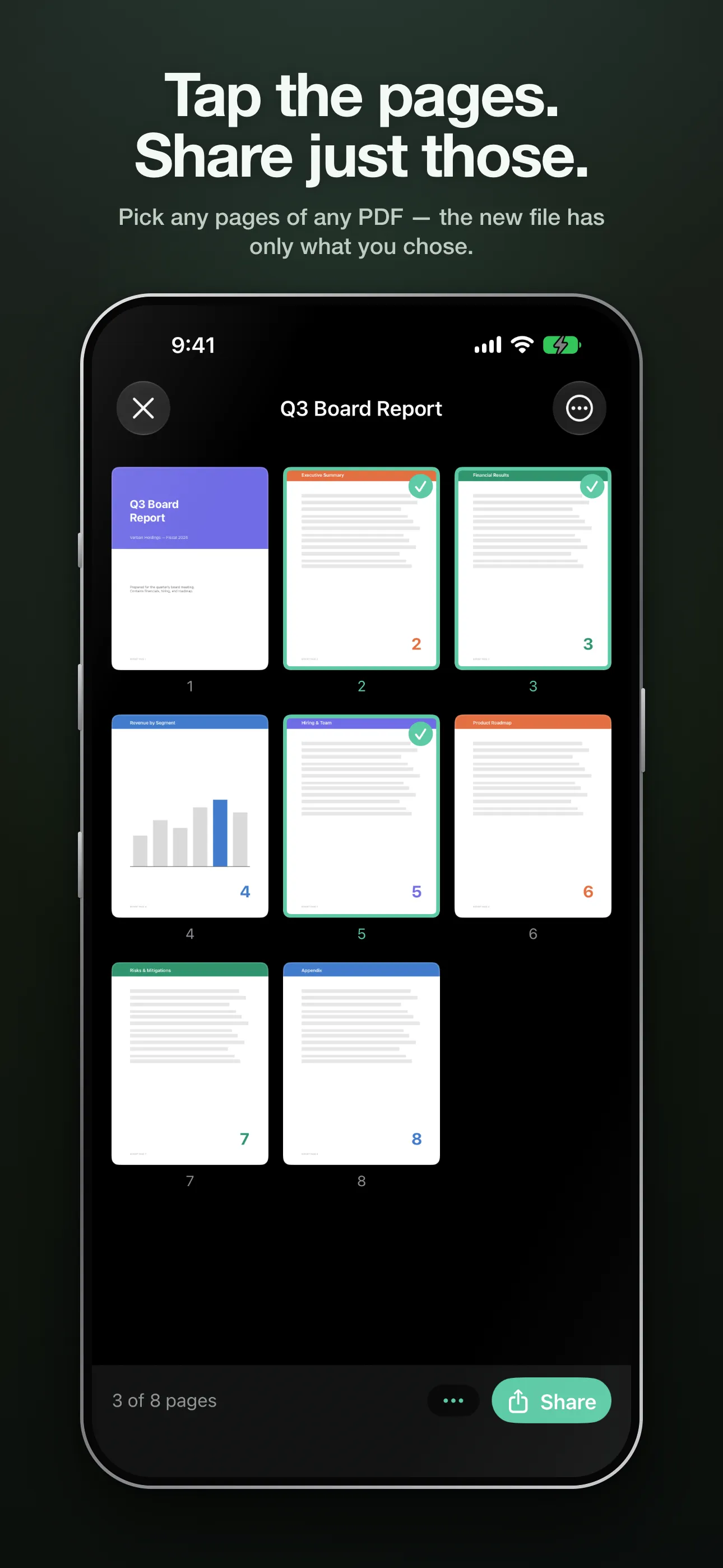 The page grid with three pages tapped and the share bar reading 3 of 8 pages