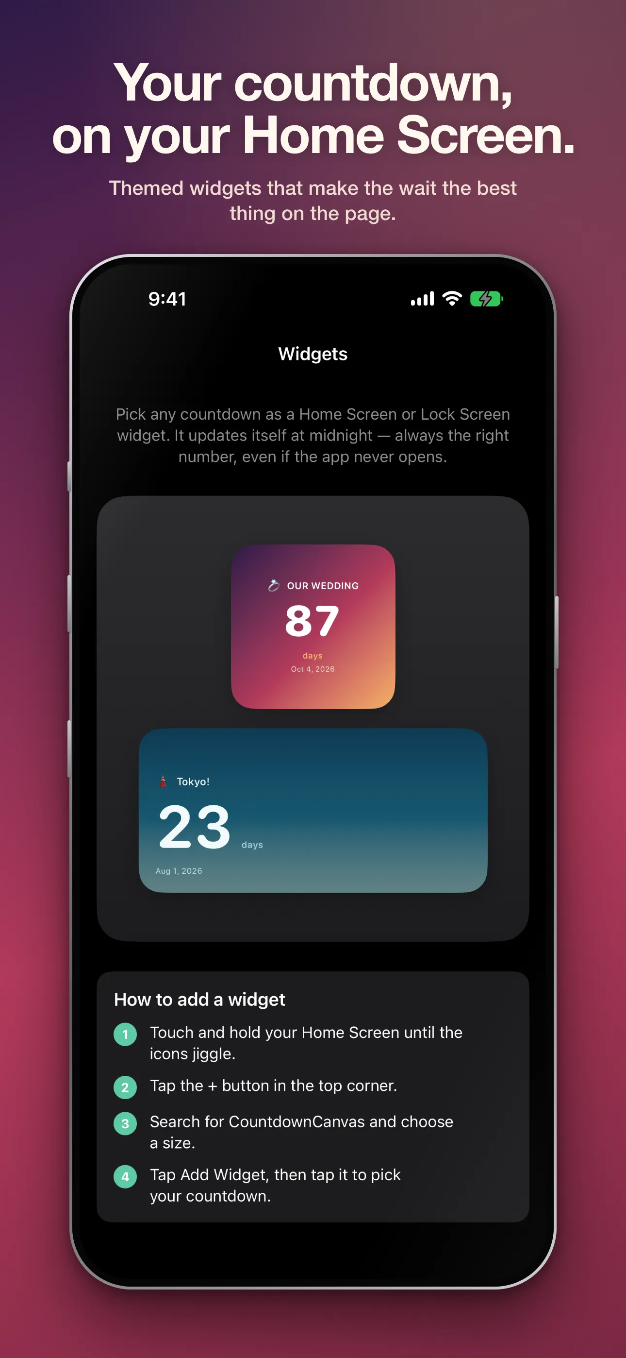 A themed countdown widget on the Home Screen