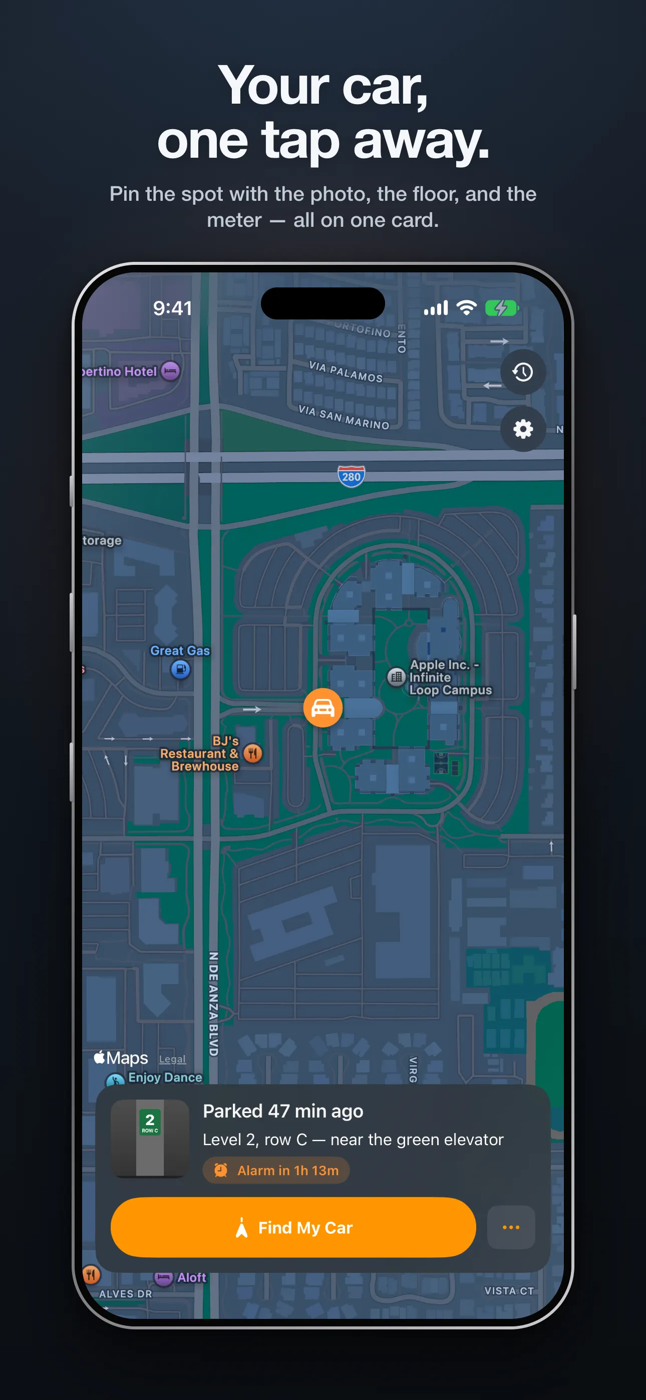 A parked-car pin on the map with photo, floor note, and meter alarm on one card