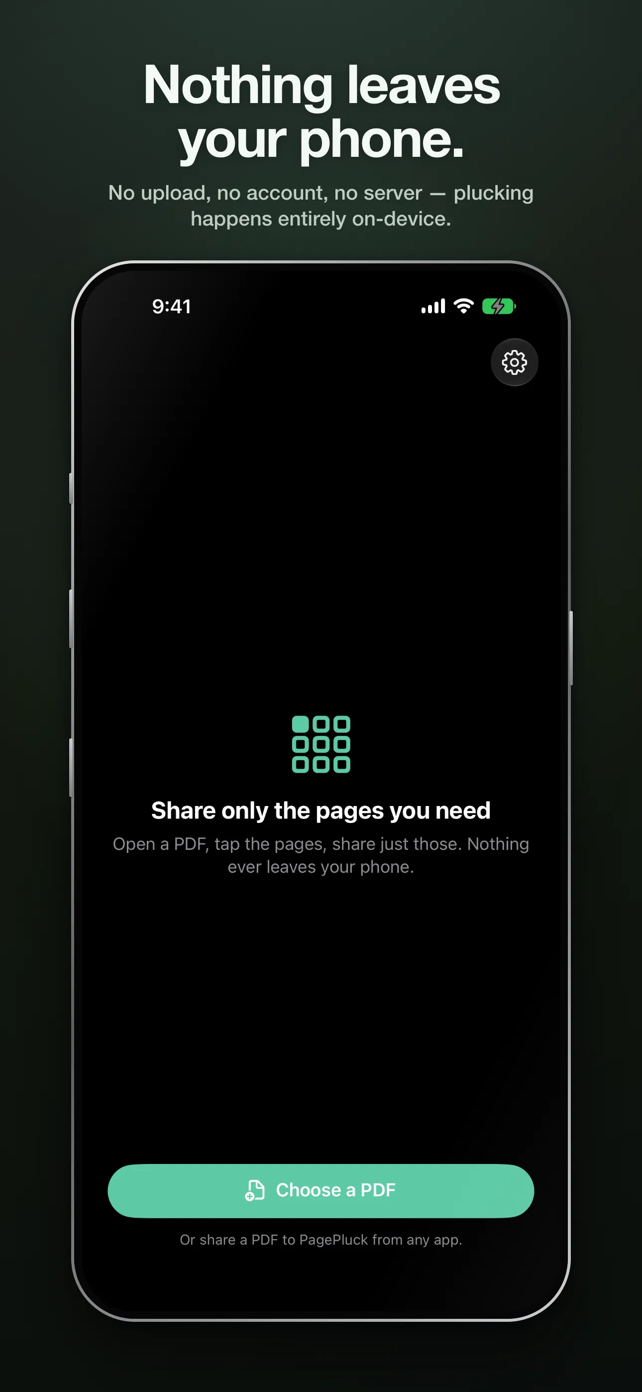 The welcome screen: share only the pages you need, nothing leaves your phone