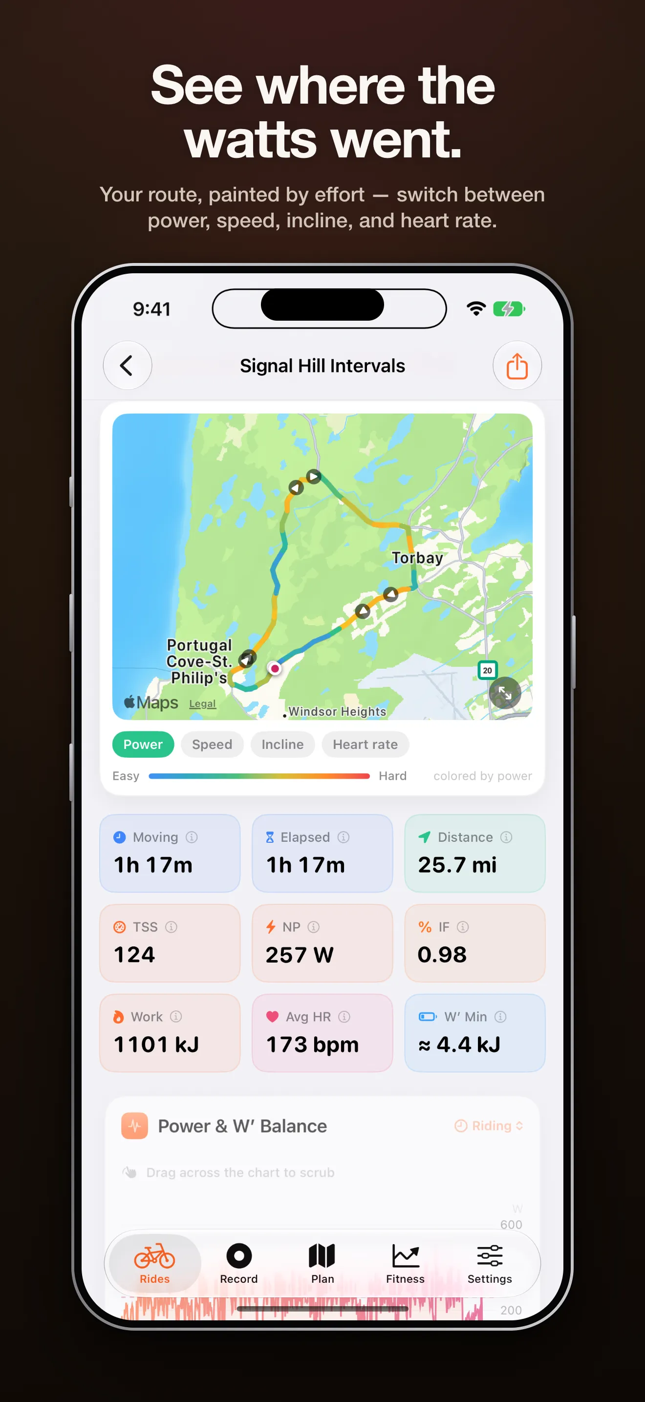 A ride route on the map, painted by effort