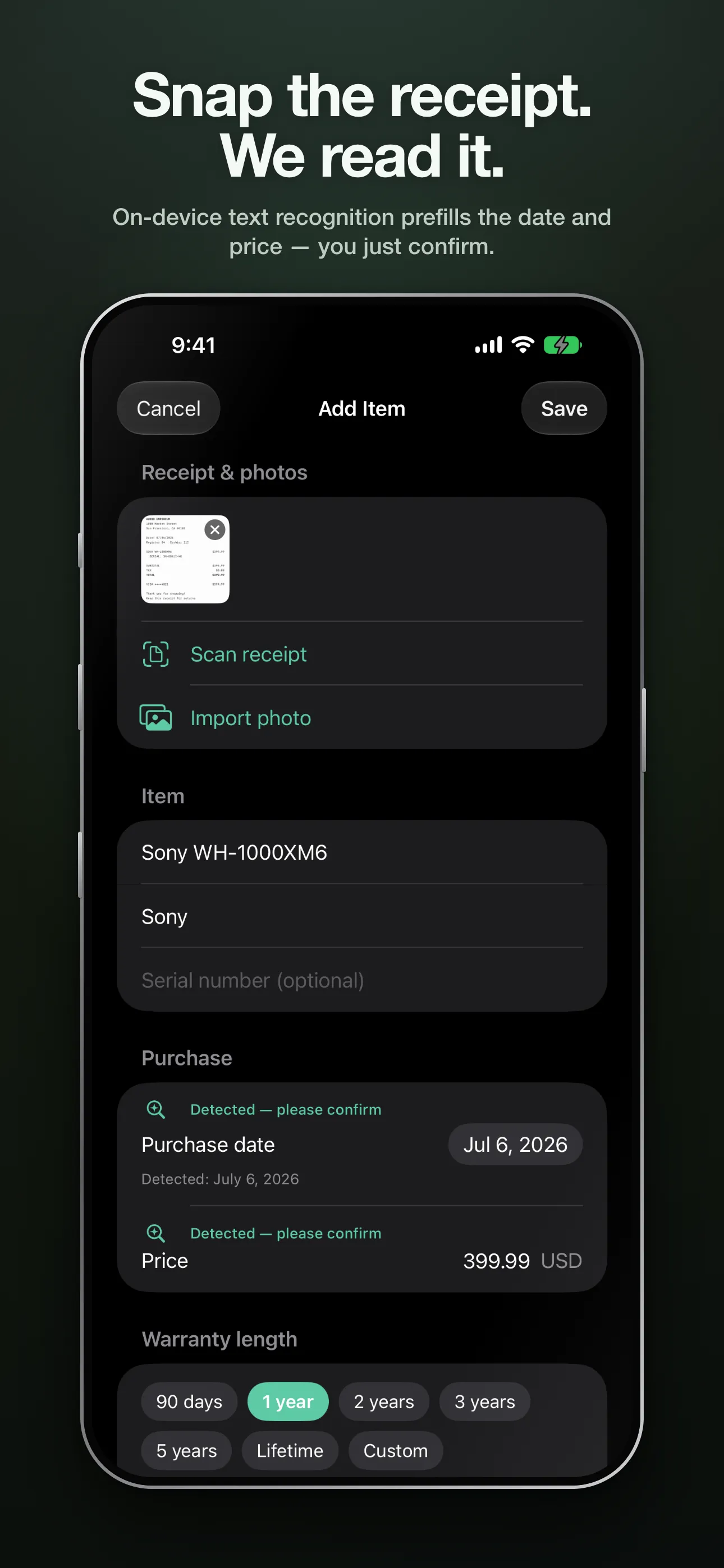 Scanning a receipt; text recognition prefills date and price