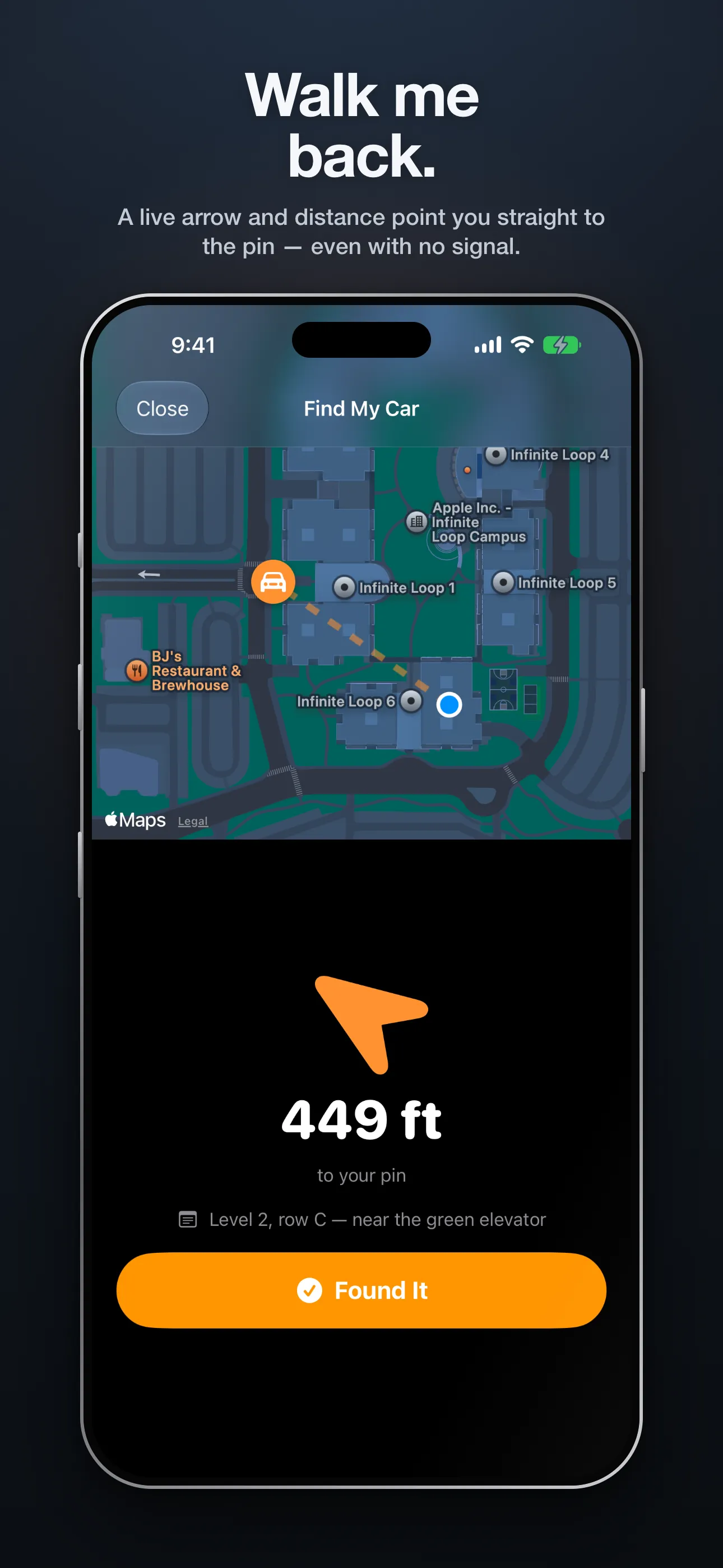 Walk-back screen with a live arrow and distance to the pin