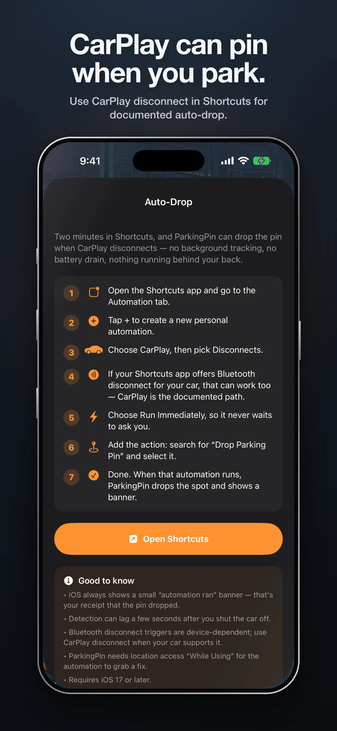 Shortcuts automation that pins the spot when CarPlay disconnects