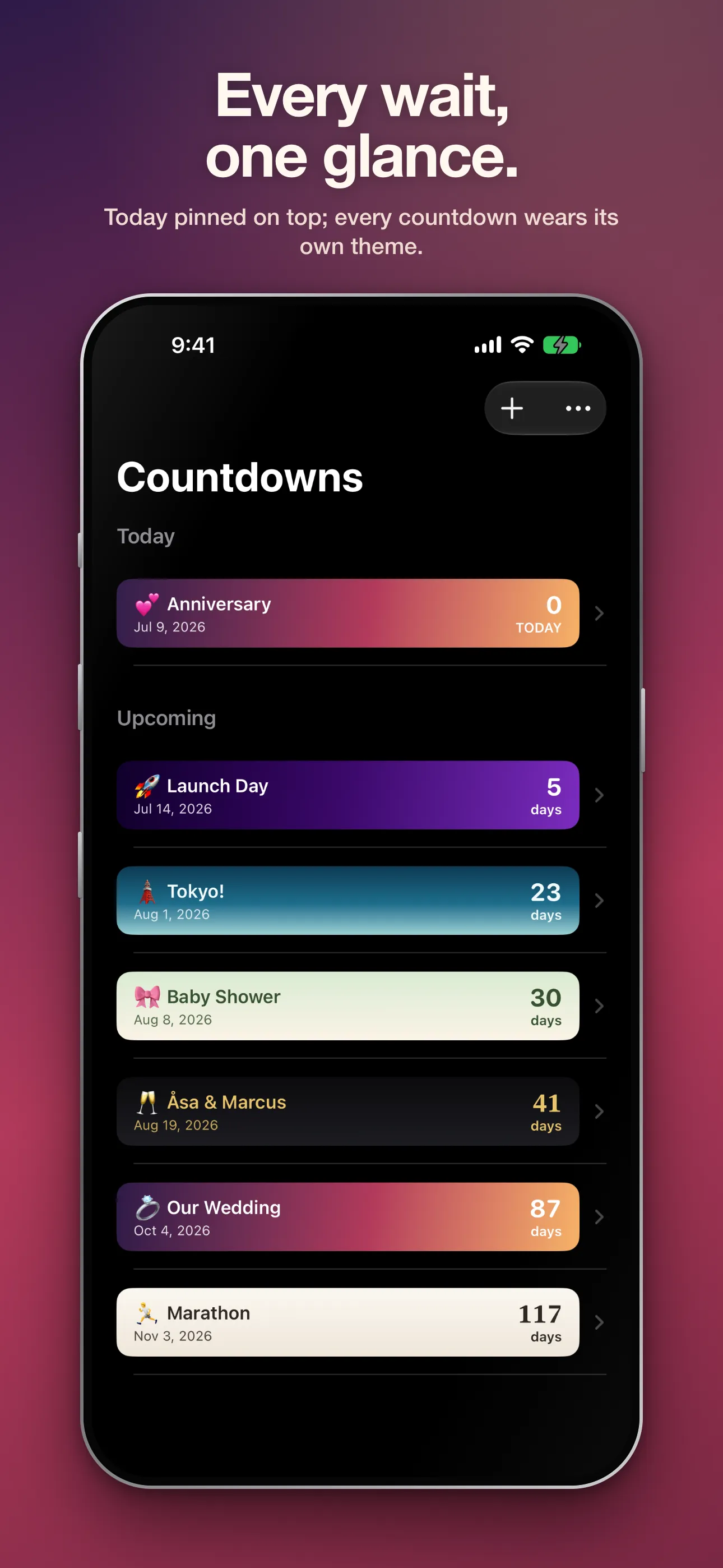 All countdowns at a glance, each wearing its own theme